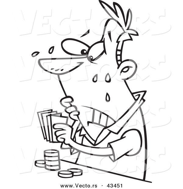 Vector of a Nervous Cartoon Man Playing Poker While Sweating - Coloring Page Outline