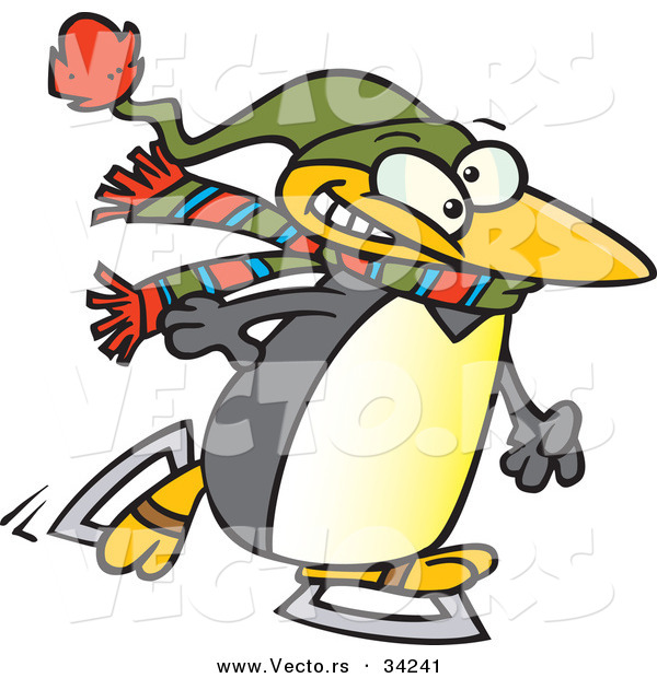 Vector of a Nervous Cartoon Penguin Ice Skating