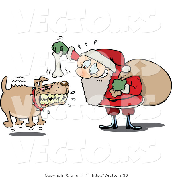 Vector of a Nervous Cartoon Santa Trying to Bait a Vicious Dog with a Bone