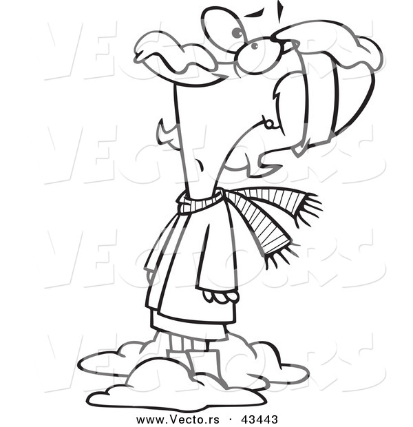 Vector of a Nervous Cartoon Woman with Snow Dropping on Her Nose - Coloring Page Outline