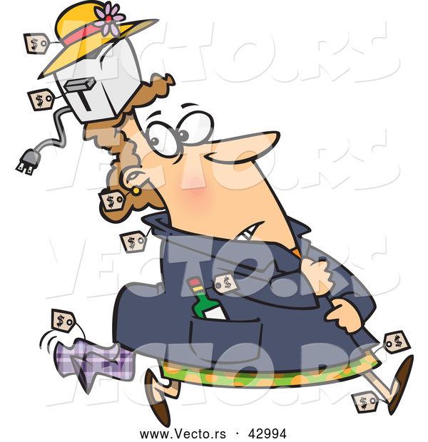 Vector of a Nervous Kleptomaniac Cartoon Female Shoplifter with Stolen Goods Stashed Under Her Hat and in Her Clothes