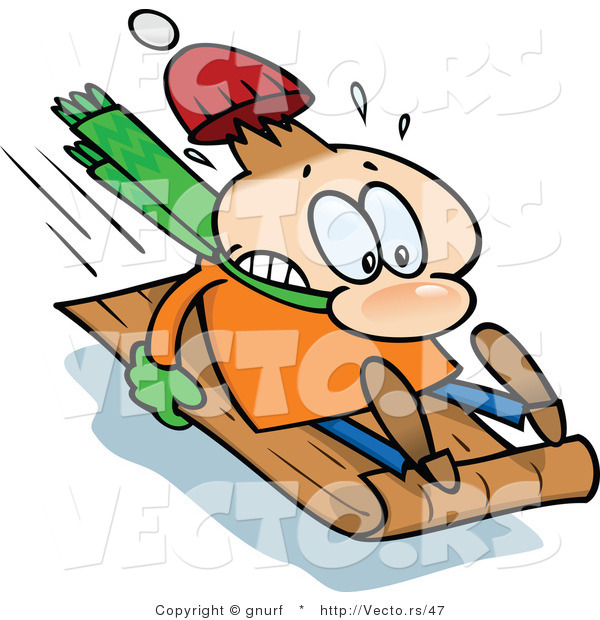 Vector of a Nervous Man Sledding Extremely Fast on a Toboggan Snow Sled