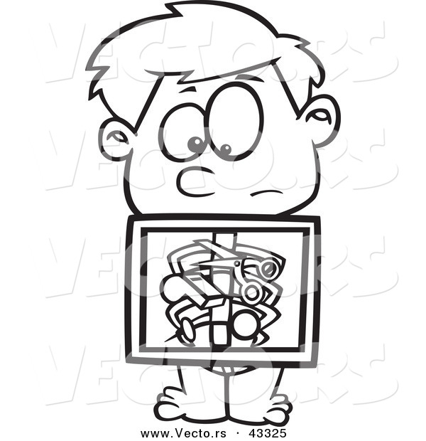 Vector of a Nervouse Cartoon Boy Holding X-ray Showing Swallowed Items in His Stomach - Coloring Page Outline
