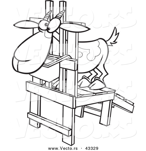 Vector of a Nervouse Cartoon Goat Standing in a Milk Stand - Coloring Page Outline