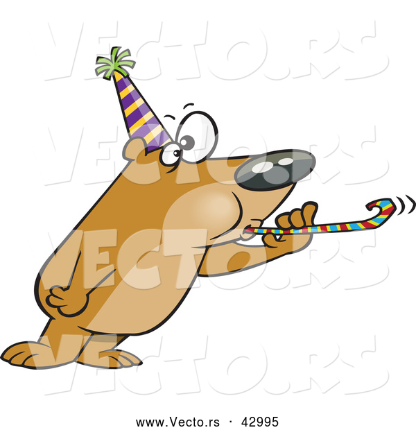 Vector of a New Year Cartoon Party Bear Blowing a Noise Maker