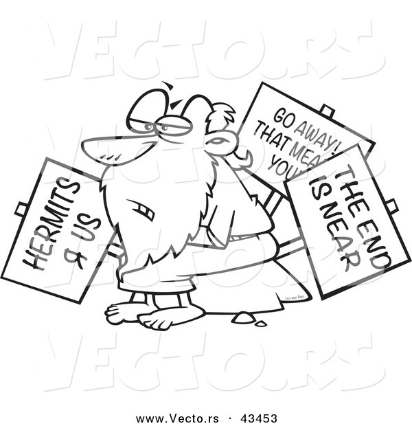 Vector of a Old Cartoon Hermit Man Holding Signs - Coloring Page Outline