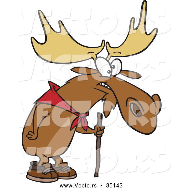 Vector of a Old Hiking Cartoon Moose Using a Walking Stick