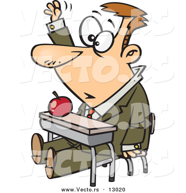 Vector of a Older Cartoon Student Raising His Hand in Classroom
