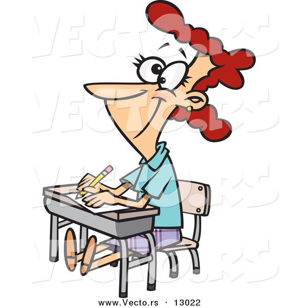 Vector of a Older CartoonFemale Student Sitting at Her Desk in Classroom