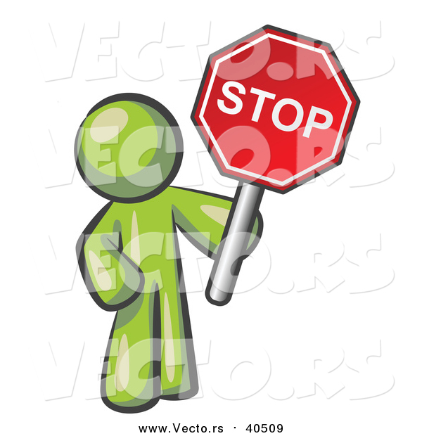 Vector of a Olive Green Man Holding a Red Stop Sign