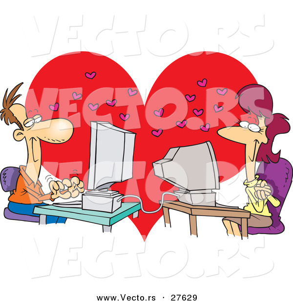 Vector of a Online Cartoon Woman and Man Chatting with Each Other over a Love Heart