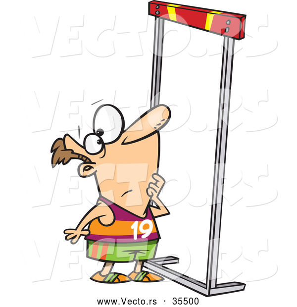 Vector of a Overwhelmed Cartoon Male Runner Trying to Figure out How to Jump over a High Hurdle
