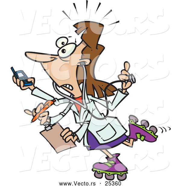 Vector of a Overworked Cartoon Female Doctor Trying to Handle Multiple Jobs with 4 Hands