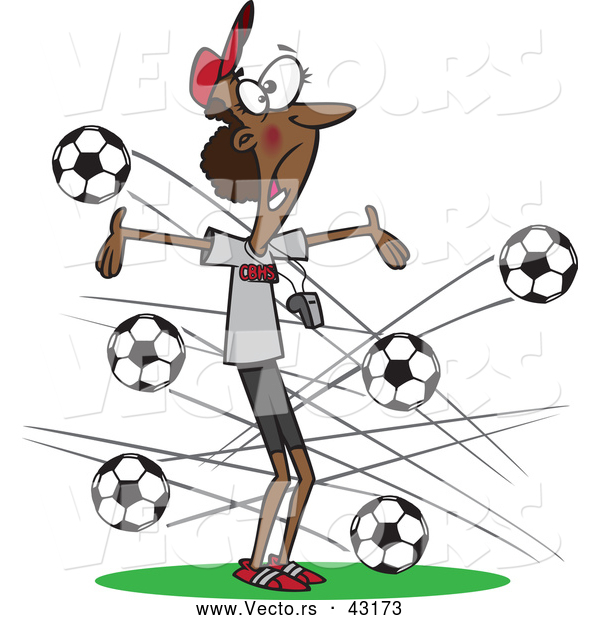 Vector of a Panicking Cartoon Black Female Soccer Coach Dodging Balls Flying Towards Her