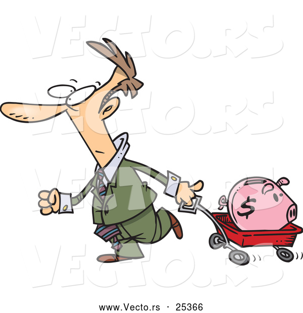 Vector of a Panicking Cartoon Businessman Transporting His Piggy Bank with a Wagon