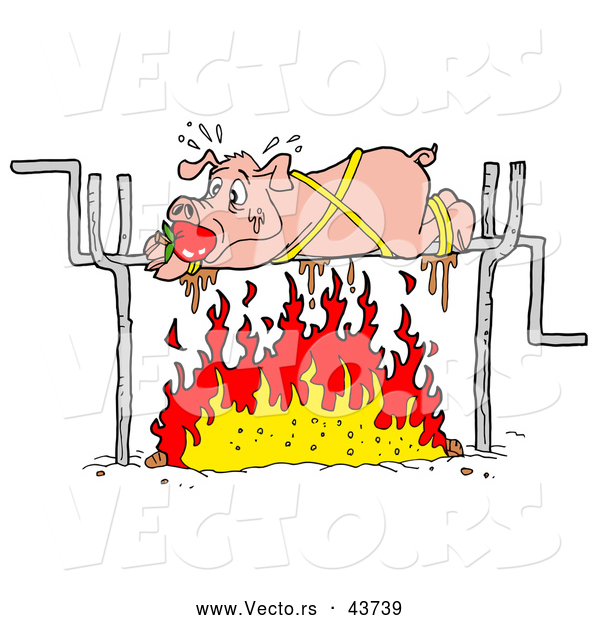 Vector of a Panicking Cartoon Pig Roasting over a Fire