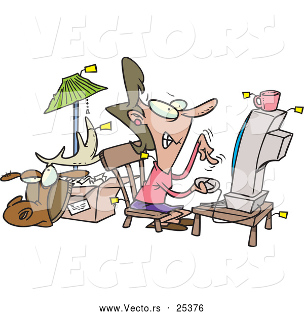 Vector of a Panicking Cartoon Woman Trying to Sell All Her Stuff Online
