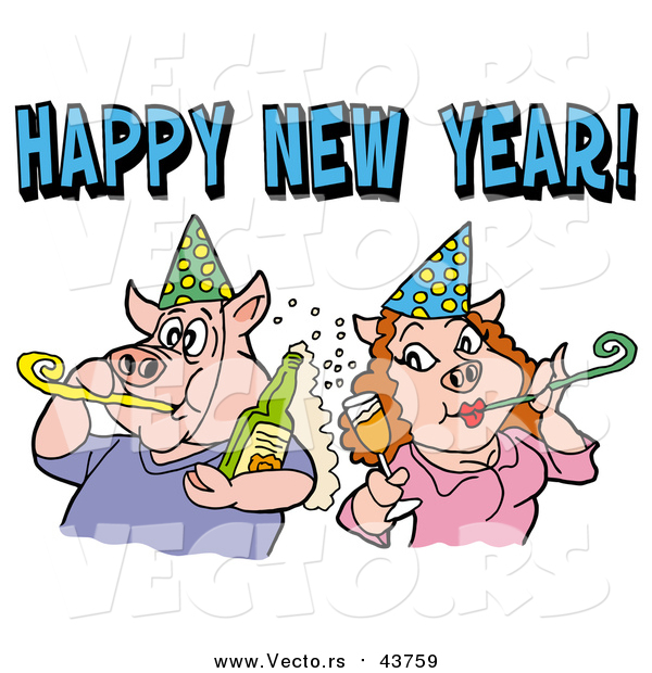 Vector of a Pig Couple in Party Hats, Getting Drunk and Blowing Noise Makers Under a Happy New Year Greeting