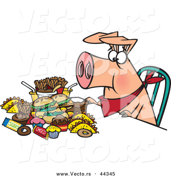 Vector of a Pigging out Cartoon Hog with Junk Food