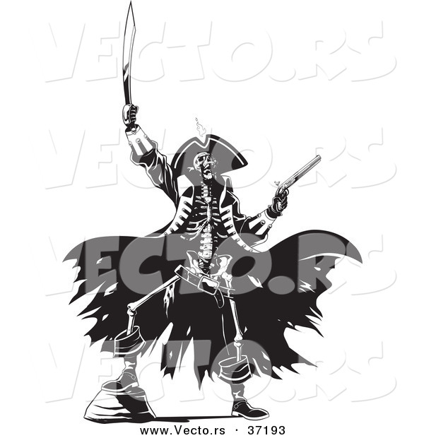 Vector of a Pirate Skeleton Raising Hell with a Sword and Revolver - Black and White Line Art
