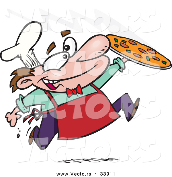 Vector of a Pizza Maker Delivering Freshly Backed Pie - Cartoon Style