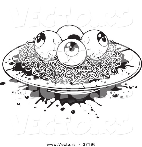 Vector of a Plate of Spaghetti White Eyeballs - Black and White Halloween Line Art