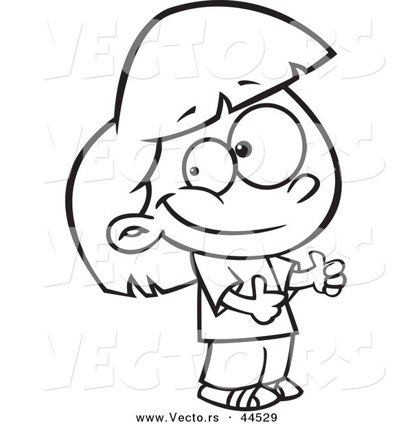 Vector of a Pleased Cartoon Blond Girl Holding Two Thumbs up - Coloring Page Outline
