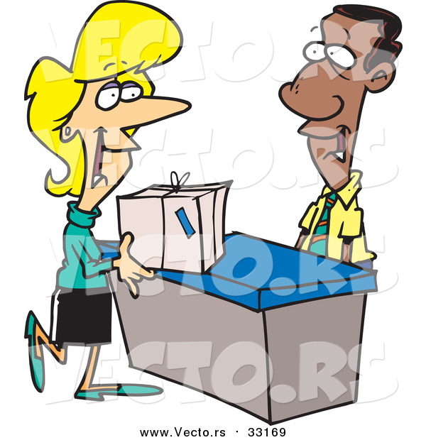 Vector of a Pleasent Black Man Helping Smiling White Woman with Package at a Shipping Center - Cartoon Style