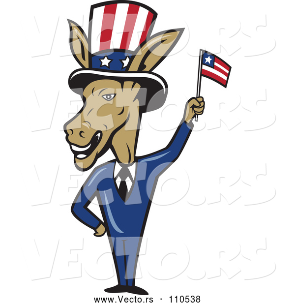 Vector of a Politician Cartoon Democratic Donkey in a Suit, Waving an American Flag