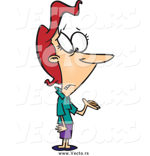 Vector of a Poor Cartoon Red Haired White Woman Holding a Single Coin After Paying Taxes