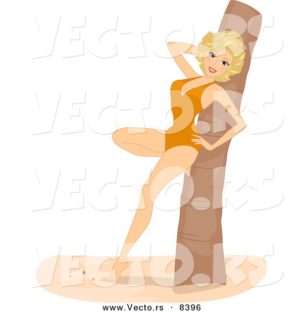 Vector of a Pretty Cartoon Blond Pin-up Girl Wearing a Swimsuit While Leaning Against a Tree