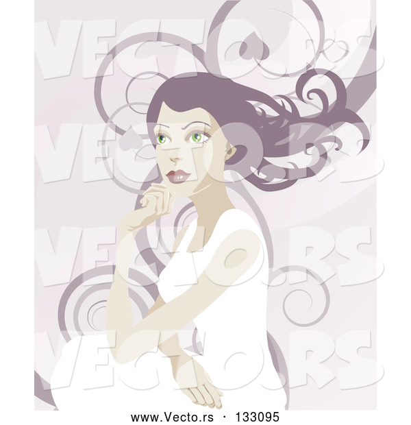 Vector of a Pretty Lady with Long Hair, Looking off into the Distance over a Background of Swirls