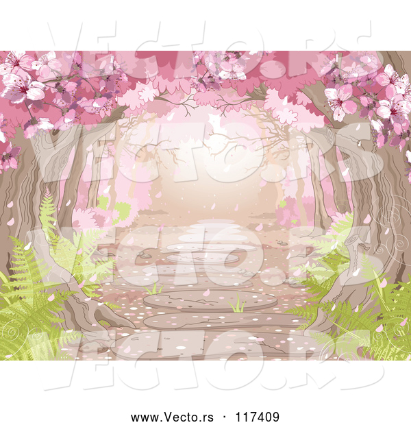 Vector of a Pretty Path Through Pink Spring Blossoms over a Stone Path with Ferns