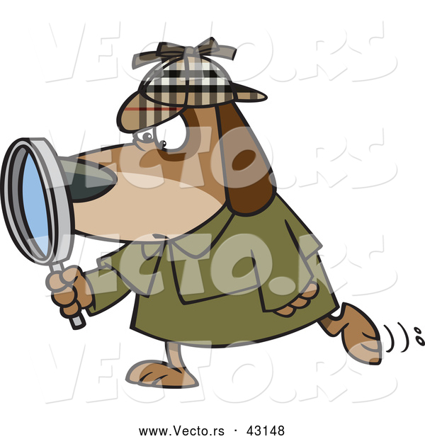 Vector of a Private Investigator Cartoon Dog Looking Through a Magnifying Glass While Walking Forward