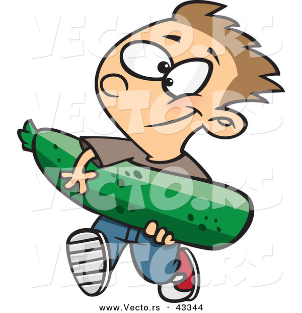 Vector of a Proud Cartoon Boy Carrying a Giant Zucchini from His Garden