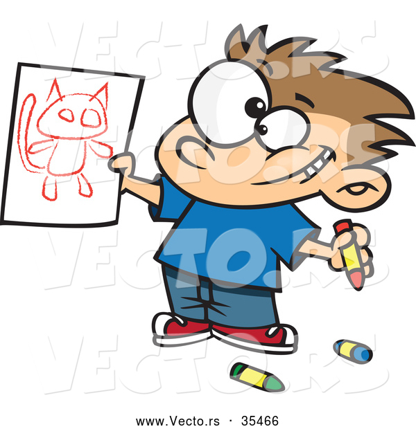 Vector of a Proud Cartoon Boy Showing His Cat Drawing