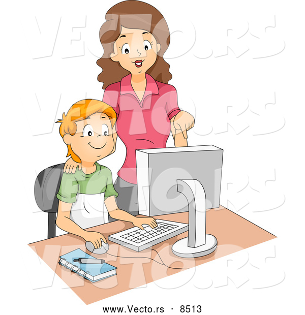 Vector of a Proud Cartoon Computer Teacher Helping a Happy School Boy
