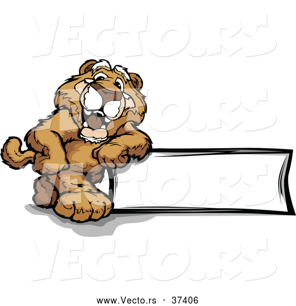 Vector of a Proud Cartoon Cougar Mascot Leaning Against a Blank Sign