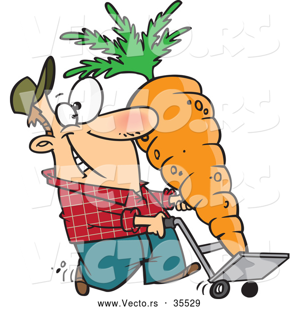Vector of a Proud Cartoon Farmer Transporting His Huge Carrot on a Dolly