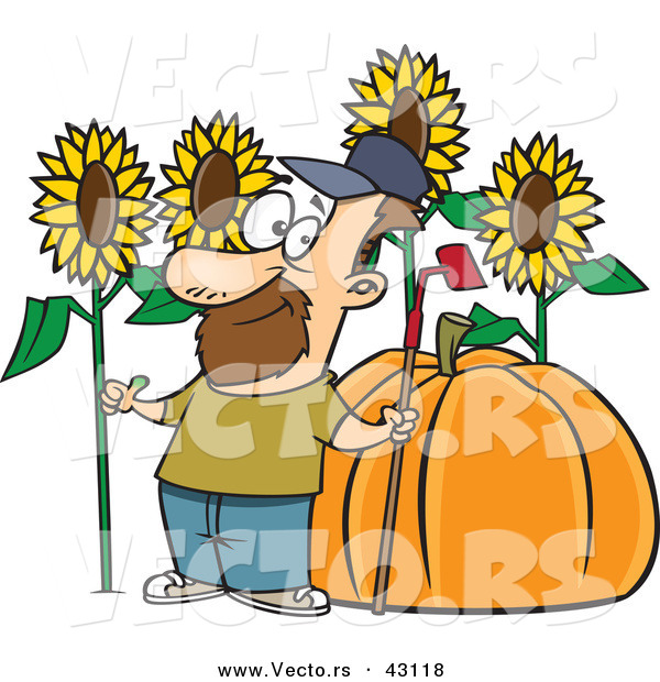 Vector of a Proud Cartoon Farmer with a Green Thumb Standing Beside His Big Sunflowers and Pumpkin