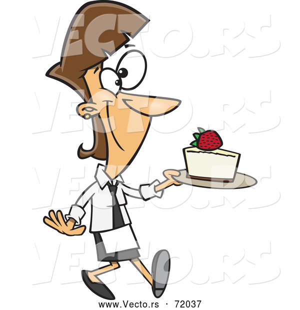 Vector of a Proud Cartoon Female Baker Serving Strawberry Cheesecake