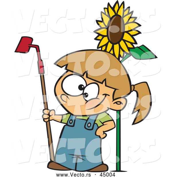 Vector of a Proud Cartoon Girl Posing Beside a Big Sunflower with a Garden Hoe