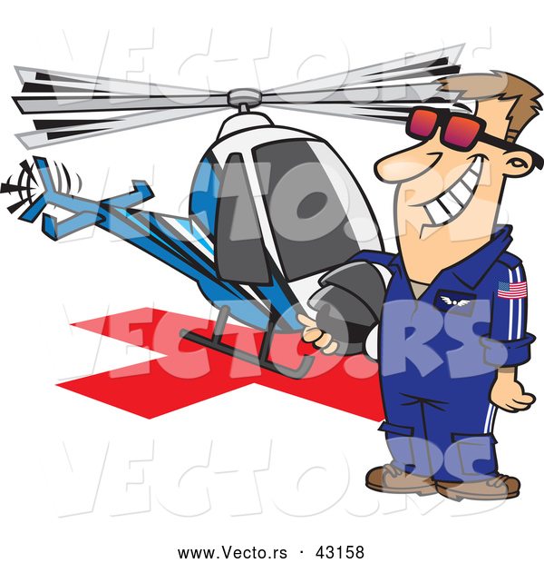 Vector of a Proud Cartoon Helicopter Pilot Standing and Waiting Beside His Helicopter