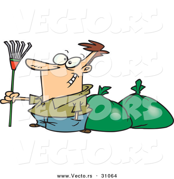 Vector of a Proud Cartoon Man Holding a Rake While Standing Beside a Couple Bags Full of Leaves