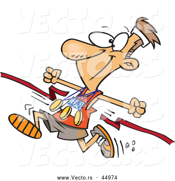 Vector of a Proud Cartoon Marathon Runner Crossing Red Ribbon at the Finish Line