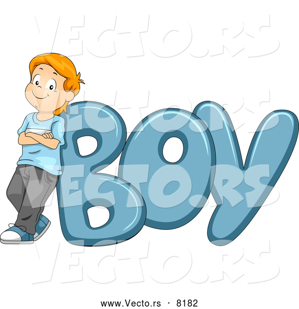Vector of a Proud Cartoon School Kid Leaning Against the Word 'BOY'