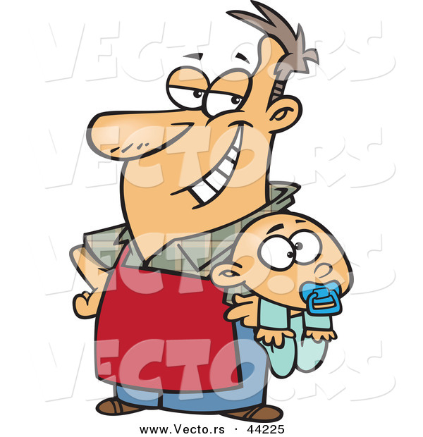 Vector of a Proud Stay at Home Cartoon Dad Holding Beside His Baby Boy