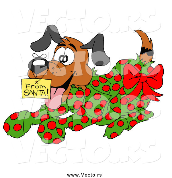 Vector of a Puppy Wrapped in Green and Red Polka Dot Wrapping Paper