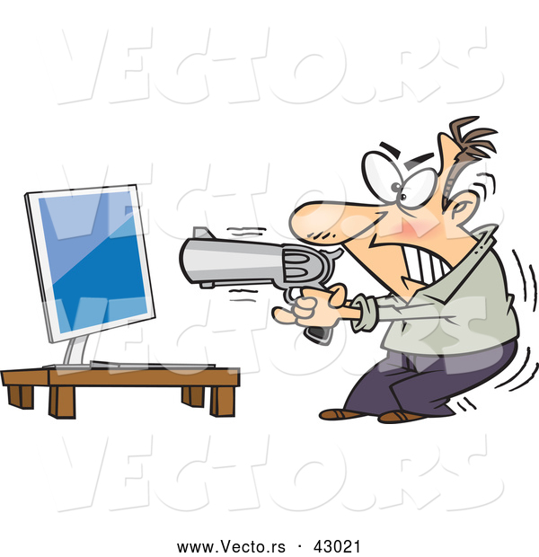 Vector of a Raging Mad Cartoon Man Aiming a Loaded Gun at His Computer
