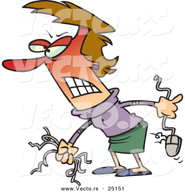 Vector of a Raging Mad Cartoon Woman Holding a Bunch of Wires and a Computer Mouse